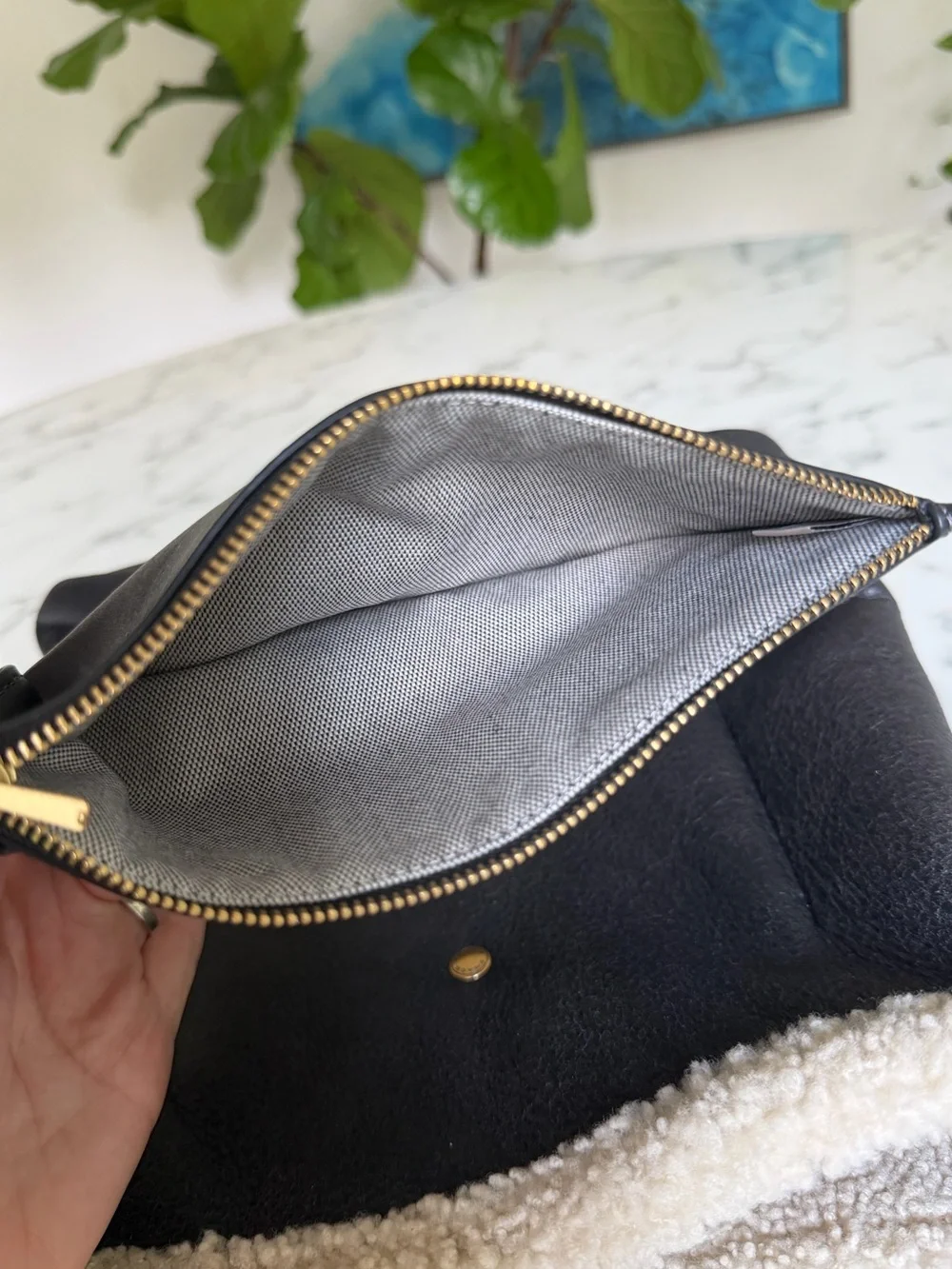 Coach Bleecker Bucket Bag In Shearling Brass Black Natural Leather CCC28